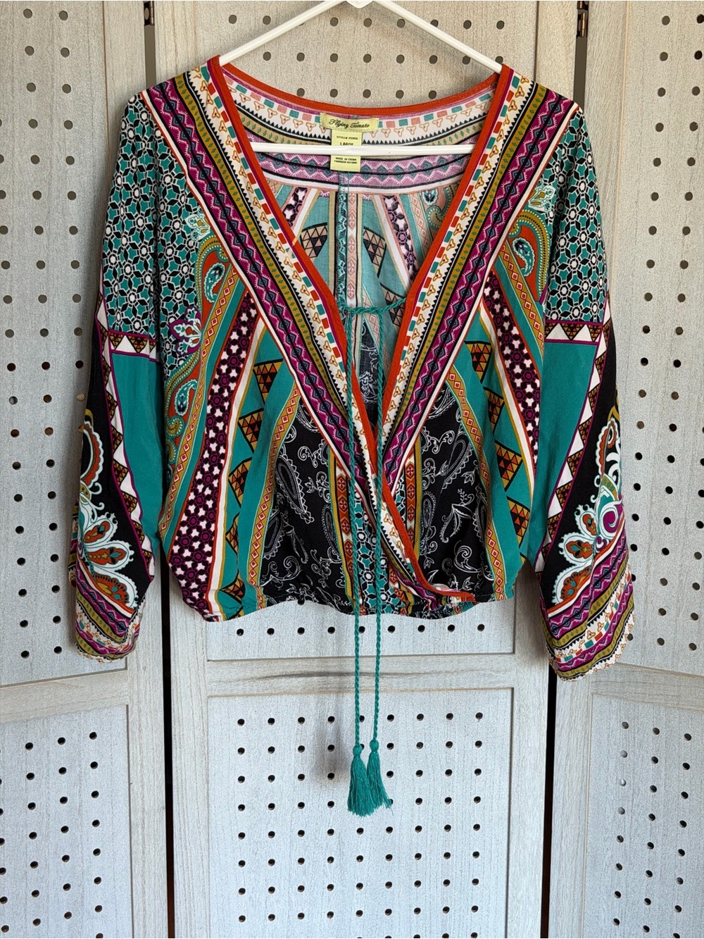 Flying Tomato Boho Tie-Front Blouse in Teal Multicolor Paisley